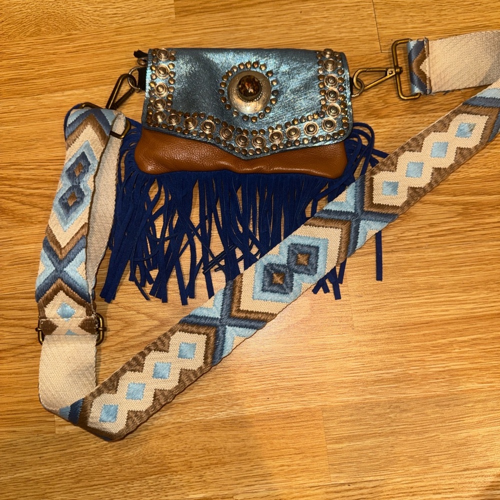 Blue and Brown Fringe Crossbody Bag from IBIZA SPAIN